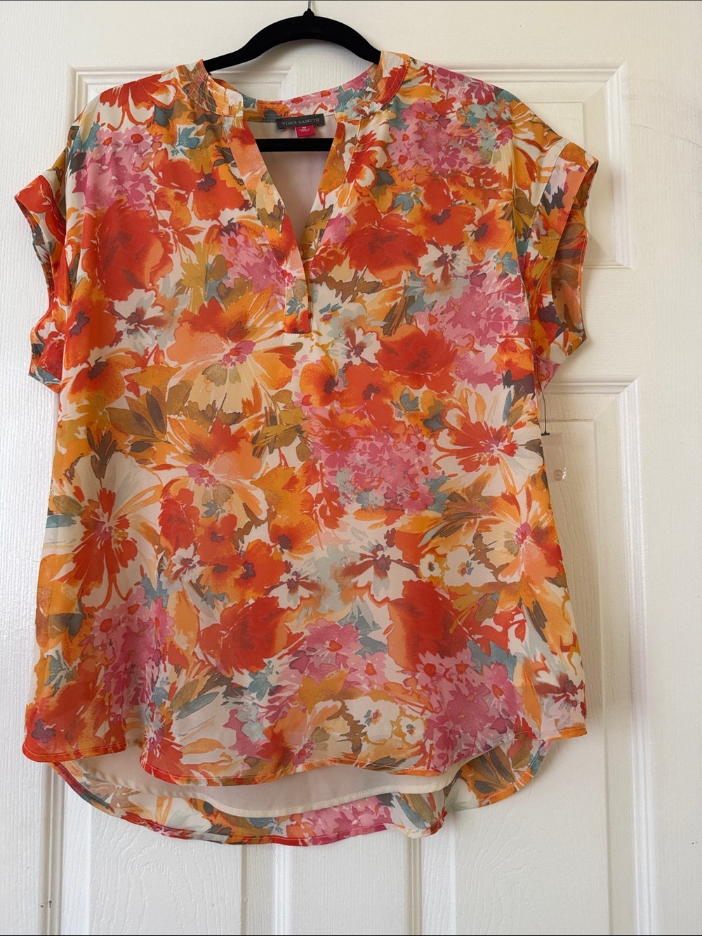 Vince Camuto Orange Multi Floral Split-Neck Blouse